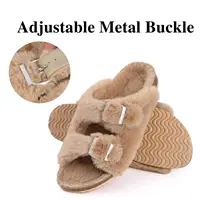 Crestar Women Fuzzy Slippers with Cork Footbed Fluffy Slide Sandals Open Toe Indoor House Shoes Arch Support Adjustable Slippers - Image 2