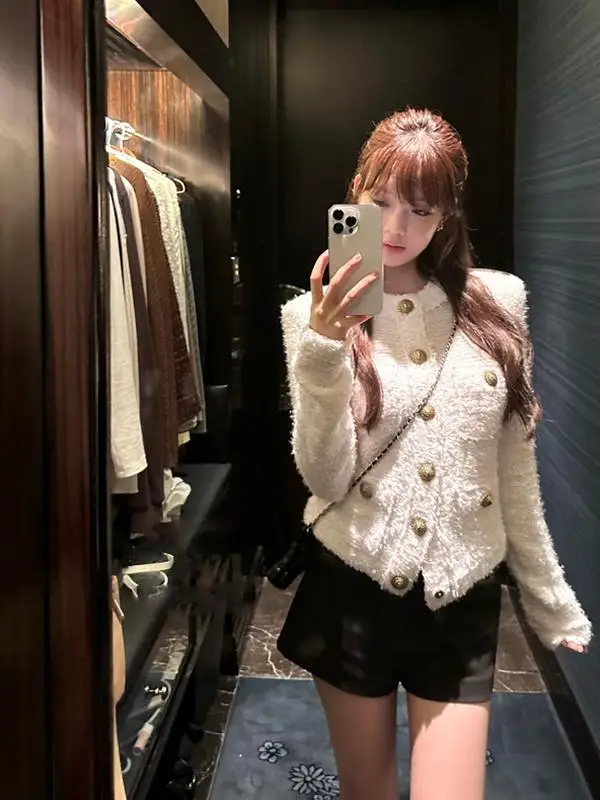 

Ele Bla Knitted Open Cardigan Women's Faion Slim Fit round Ne Sweater Coat Gold Button Autumn Winter New Sle