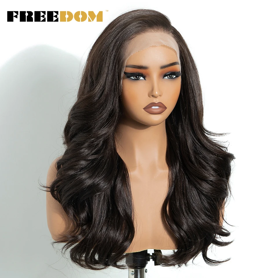 FREEDOM 13x4, synthetische Perücken mit freiem Scheitel und Spitze vorne für Damen, gewellte Perücke mit Spitze, 50 cm, Ombré-Braun mit Highlights, für den täglichen Gebrauch und für Partys. – Detail 4