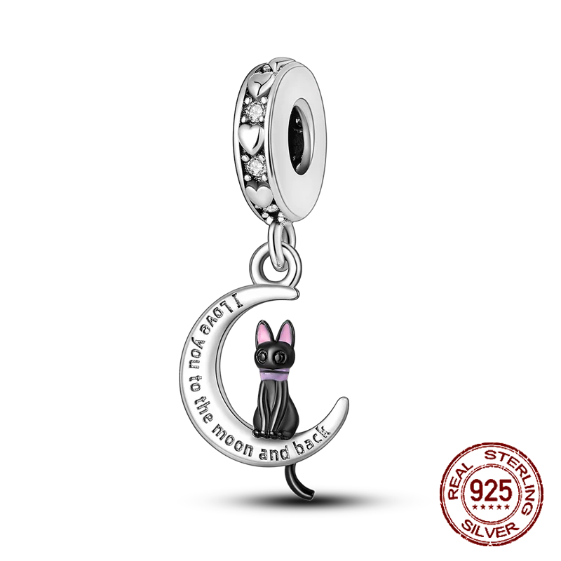 Colgante de plata de ley 925 con forma de gato negro para mujer, abalorio con estampado de pata, compatible con pulsera de 4MM de diámetro, regalo de joyería artesanal