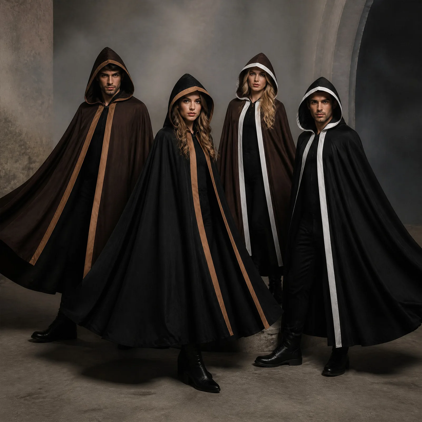 Mittelalterlicher Erwachsenen-Krieger-Umhang mit Kapuze, Unisex, Kontraststreifen, Zauberer-Robe, Halloween-Party, Festival, Cosplay-Kostüm 2026 – Detail 1