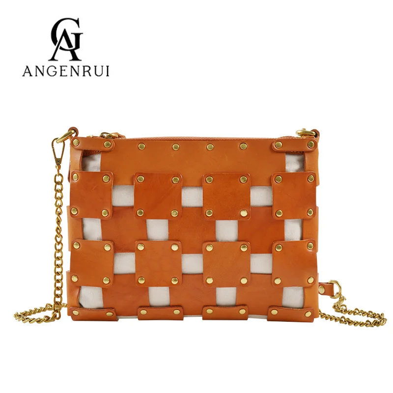 

ANGENGRUI Brand Luxury Genuine Leather Women's Bag Handmade Custom Vegetable Tanned Clutch Crossbody Chain