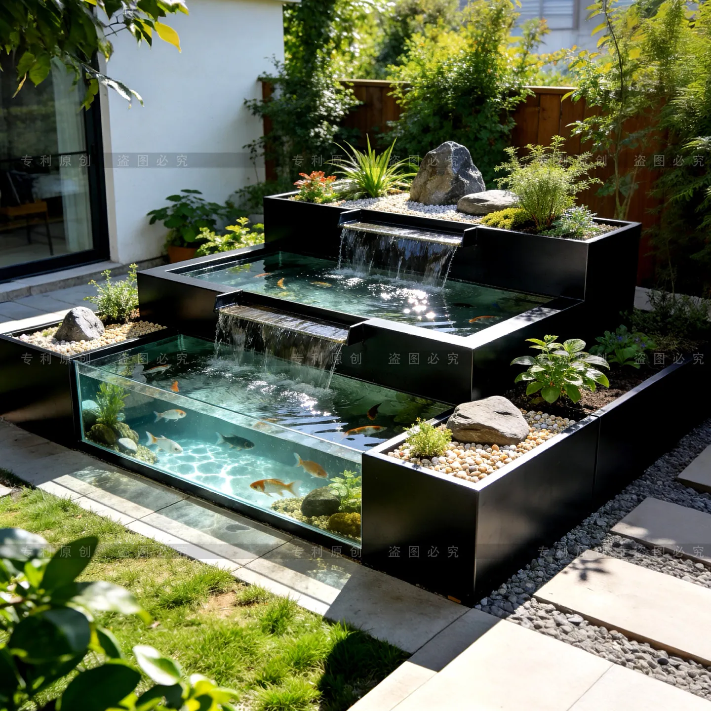 

Garden courtyard water stacking spring ecological fish pond terrace landscaping glass fish tank
