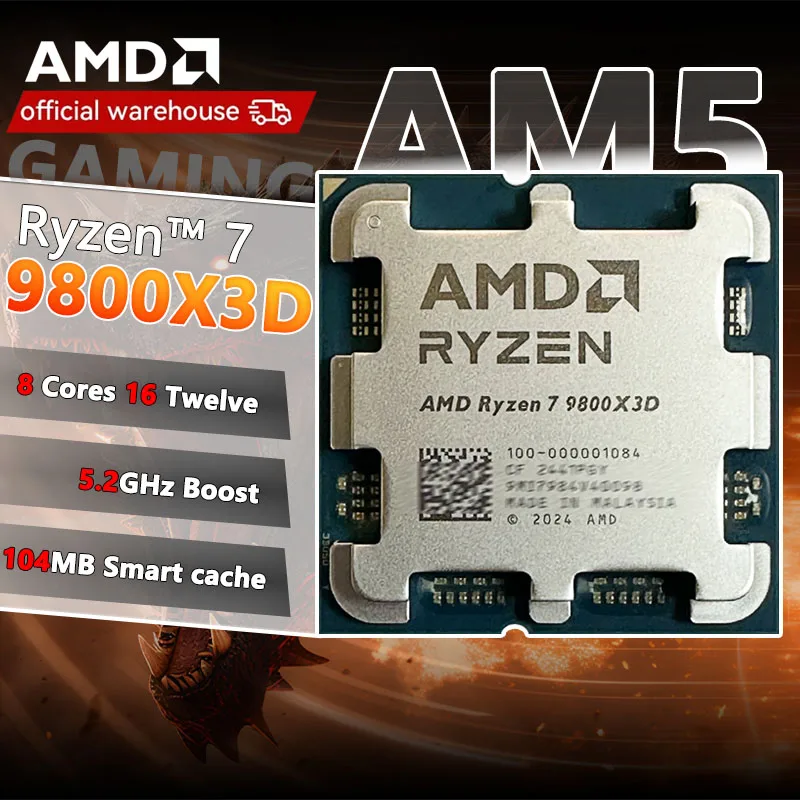 AMD Ryzen ™   7 9800X3D Новый процессор, 3D V-Cache 8C/16T 120 Вт до 5,2 ГГц, L3=96M 100- 100001084   Розетка АМ5 но без кулера