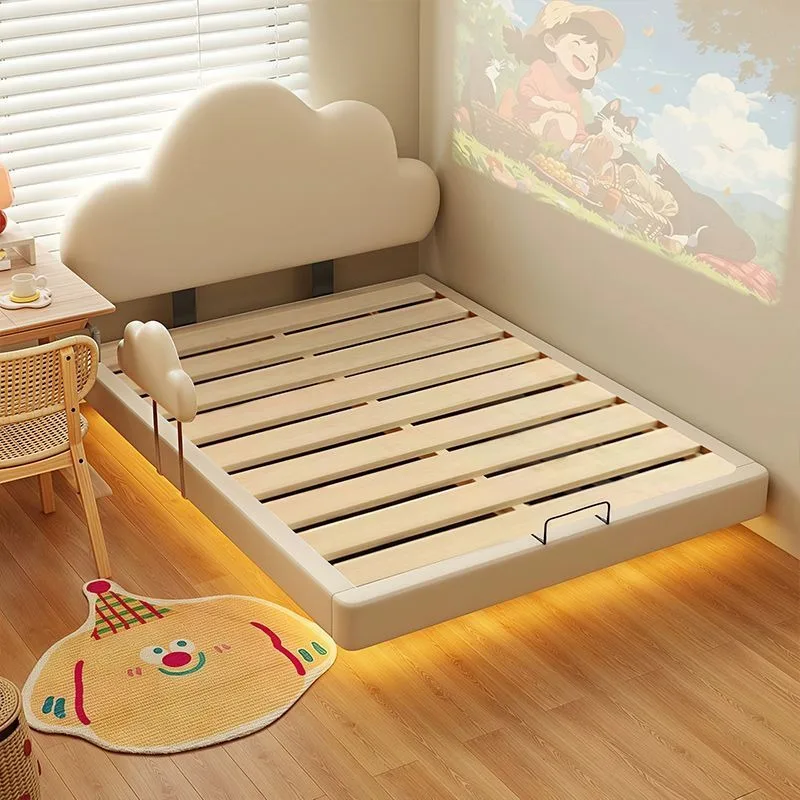 Cream wind  girl cloud with guardrail anti-drop virtual floating bed, princess bed dream castle girl bed
