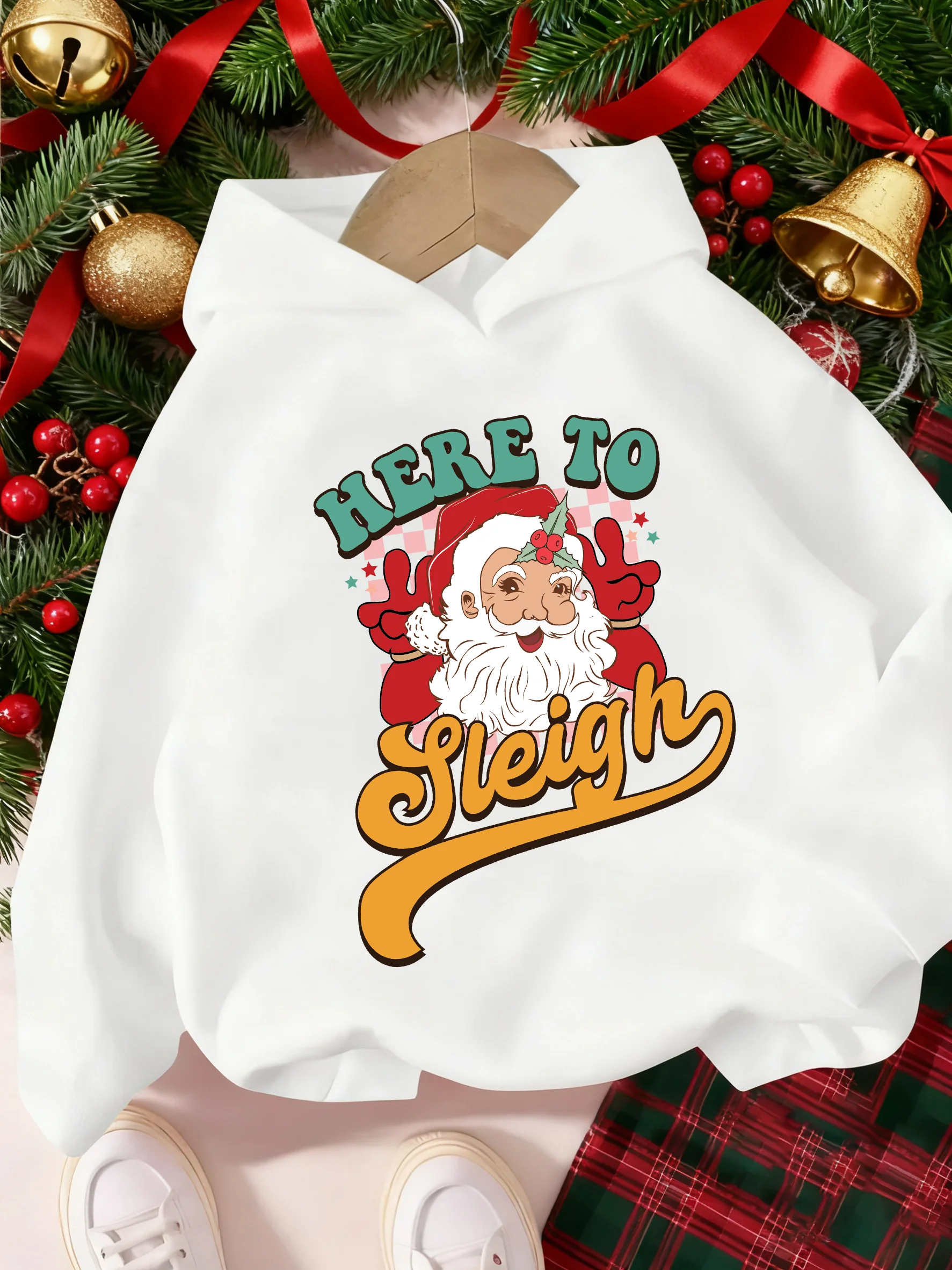 

Autumn Casual Fashion Boys Cartoon Santa Claus Print Pattern White Hoodie, Suitable For Daily Travel