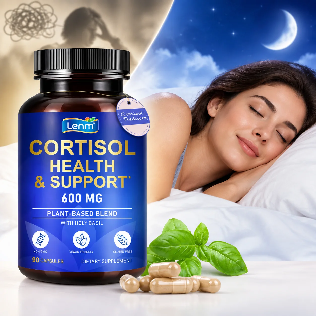 Cortisol Health Capsules Promote Cortisol Balance & Night Relaxation & Positive Mood Holy Basil 90 Caps for Better Sleep Quality