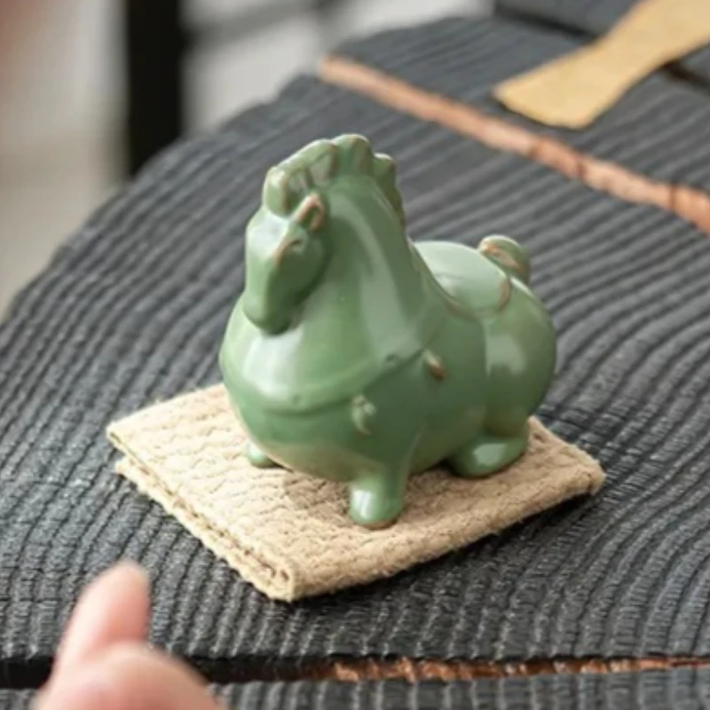 Ru Kiln Green Horse Tea Pet Celadon Ceramic Feng Shui Wealth Statue Good Luck Home Desk Decor Chinese Tea Gift view 2