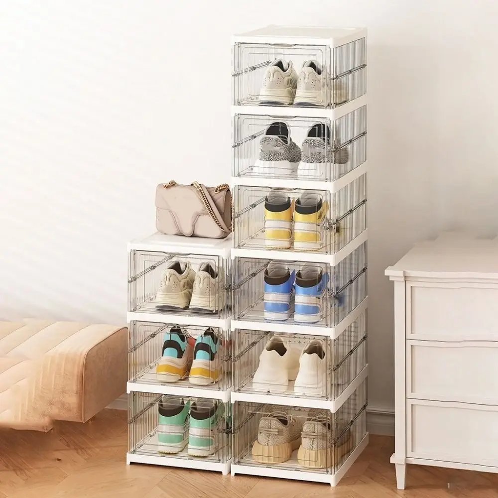 

Plastic Multi Layer Shoe Box Transparent Stackable Foldable Shoe Box with Lid Dustproof Collapsible Shoes Storage Box Bedroom
