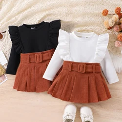 3PCS Autumn 1-4 Year Old Girl Baby Comfortable Fashionable Preppy Style Long-Sleeved Top + Coffee Short Skirt Set