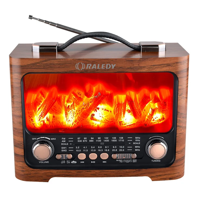 Retro Multi Band Wooden Rechargeable FM/AM/SW Radio Wireless Bluetooth Link USB MP3 Player with Flame Lamp Home Desktop Speaker