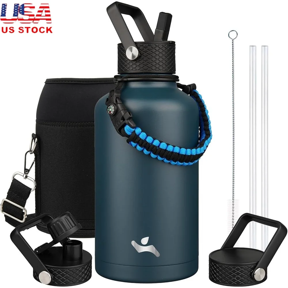 

Half Gallon Insulated Water Bottle 64oz with 3 Lids Carrying Bag Paracord Handle Double Wall Vacuum Sweatproof Leakproof
