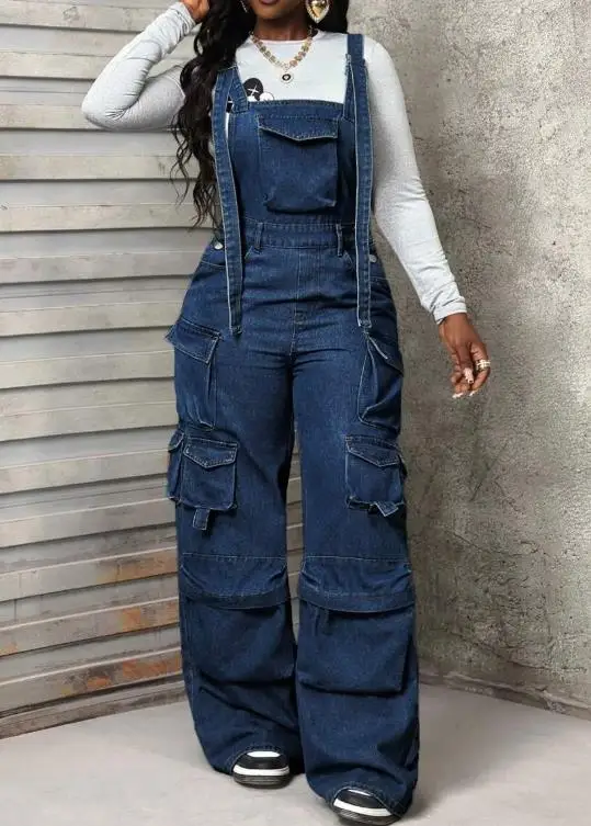 

2025 Autumn New Women's Fashion Multi functional Wide Leg Cowboy Loose Work Pants Cowboy jumpsuit Work Pants Women's Wear