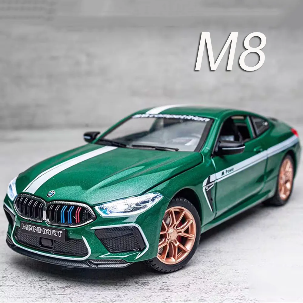 1:32 BMW M8 Toy Alloy Cars Diecast Model Wheel Pull Back Vehicle with Light Music Miniature Sports Car for Boys Decoration Gifts