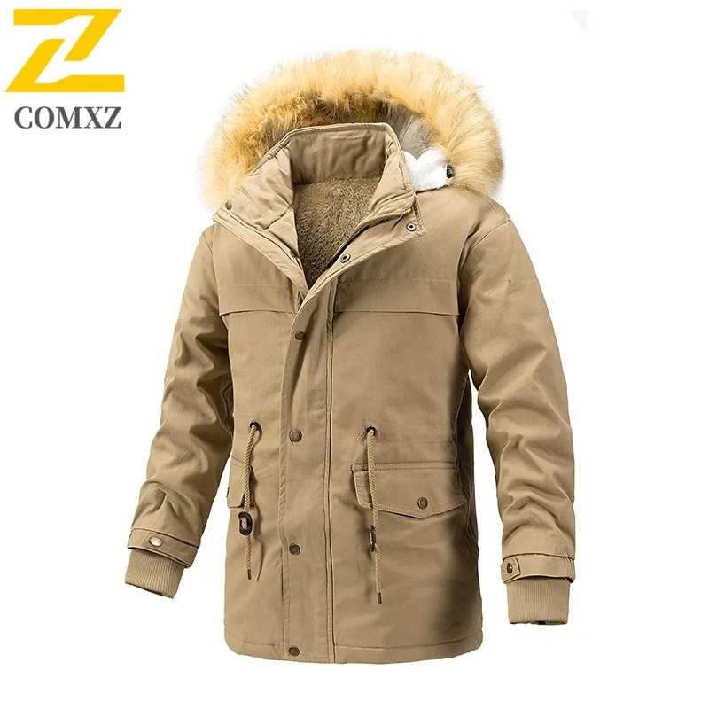 CoMXZ Jaqueta masculina de algodão forrada de lã espessada plus size inverno casual ao ar livre casaco quente de comprimento médio corta-vento leve