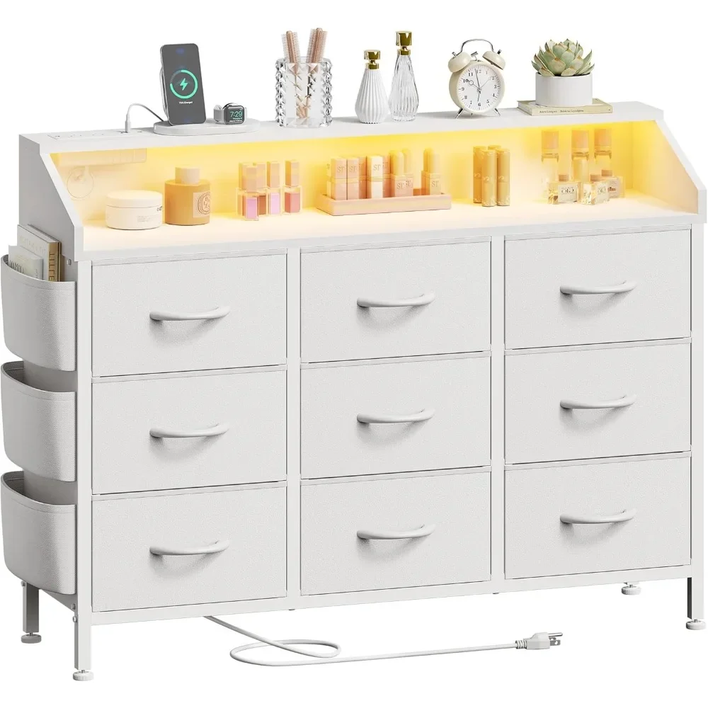 White Dresser for Bedroom 9 Drawers - Fabric Dressers for Bedroom with LED Light & Charging Station - Kids Adults Chest of