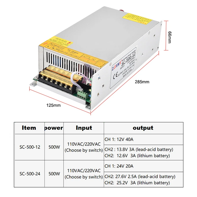 

500W UPS Switching Power Supply DC 12V 40A 24V 20A Lithium battery 12.6V 25.2V Lead acid battery 13.8V 27.6V for Charge SC-500