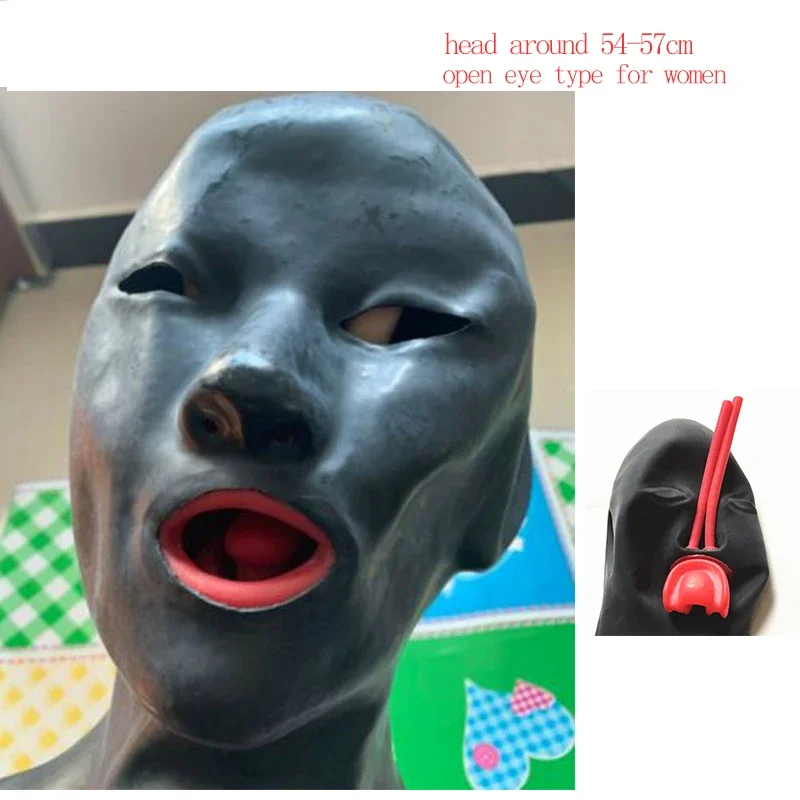 

3D Latex Hood Rubber Mask Closed Eyes Fetish with Back Zipper Red Mouth Gag Plug Sheath Tongue Long Nose Tube for Men Women