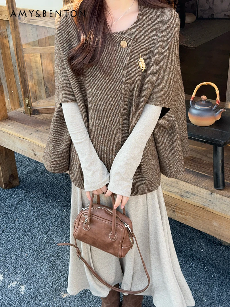 2025 Autumn Winter New French Commuting Style Coffee Color Short Cape Cloak V-neck Long Sleeve Long Khaki Dress