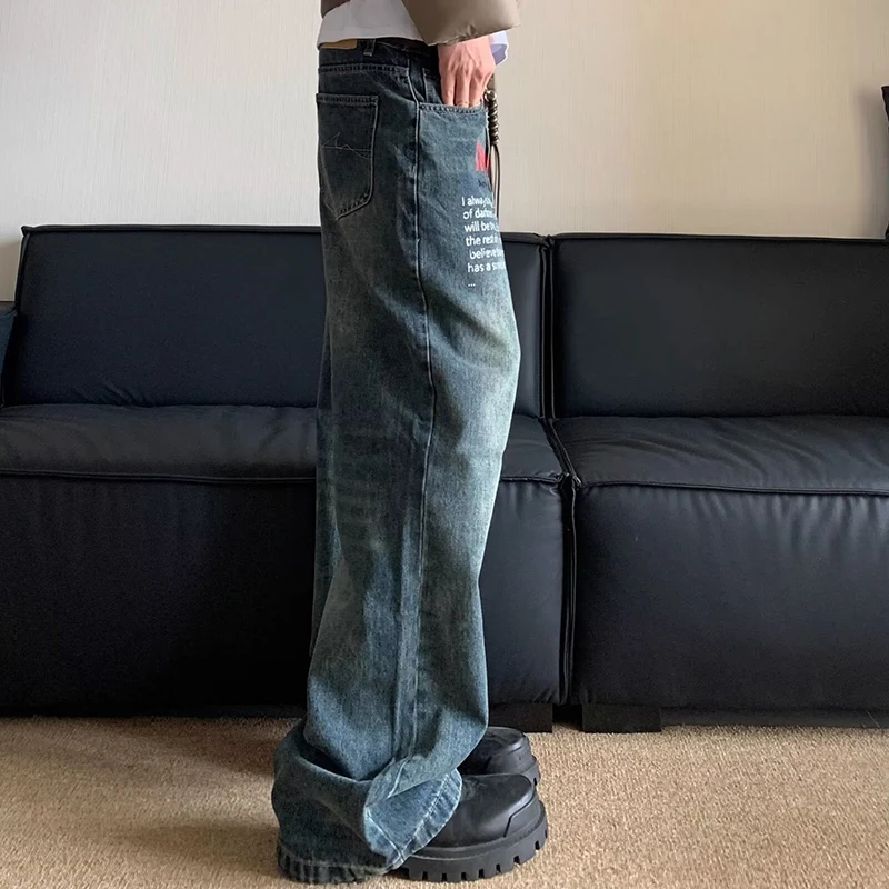 Korean Version Retro Letter Printed Jeans For Men Loose Straight Leg Wide Leg Pants High Street Hip-Hop Design Casual Pants view 4