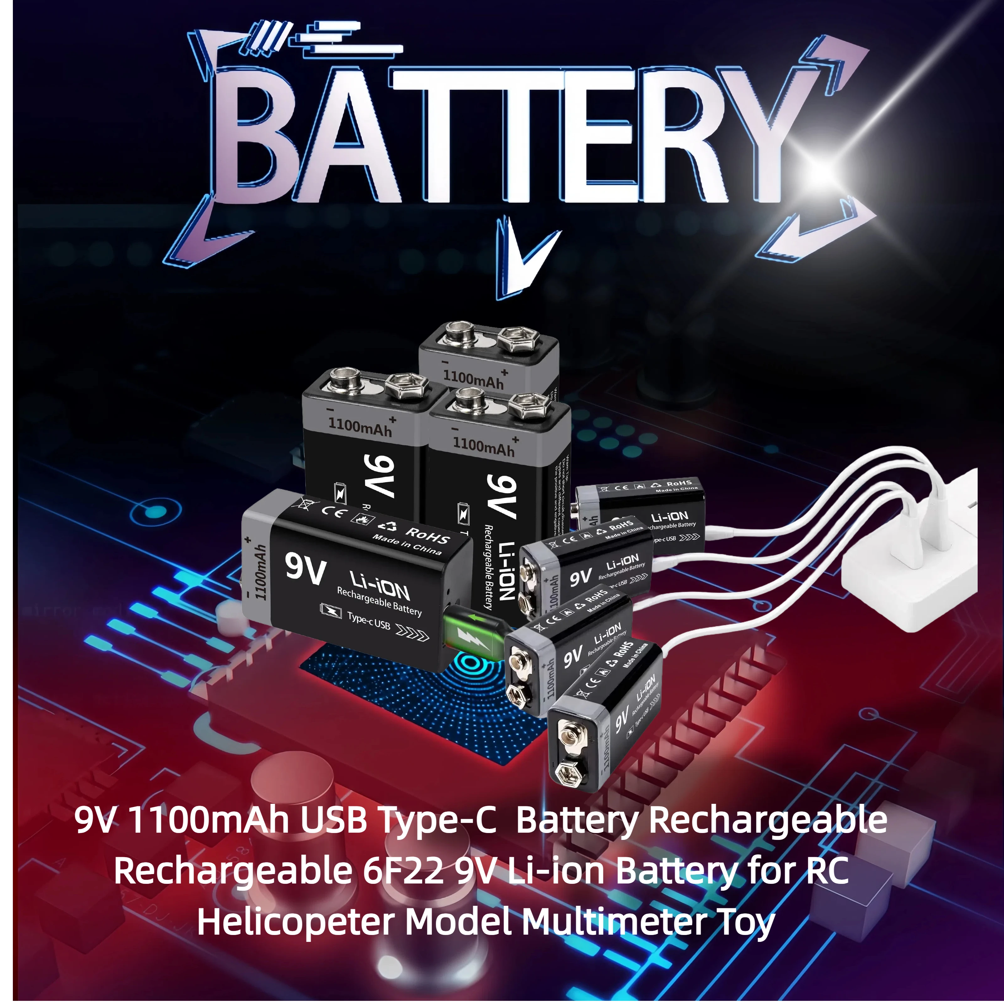 

9V 1100mAh USB Type-C Battery Rechargeable Rechargeable 6F22 9V Li-ion Battery for RC Helicopeter Model Multimeter Toy