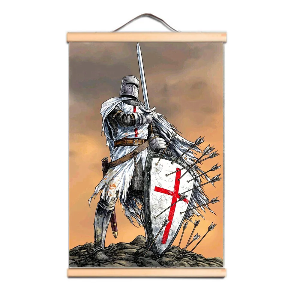 

Nordic Wall Art Canvas Pictures Vintage Knights Templar Armor Warrior Wall Art Poster Wooden Scroll Hanging Painting Home Decor