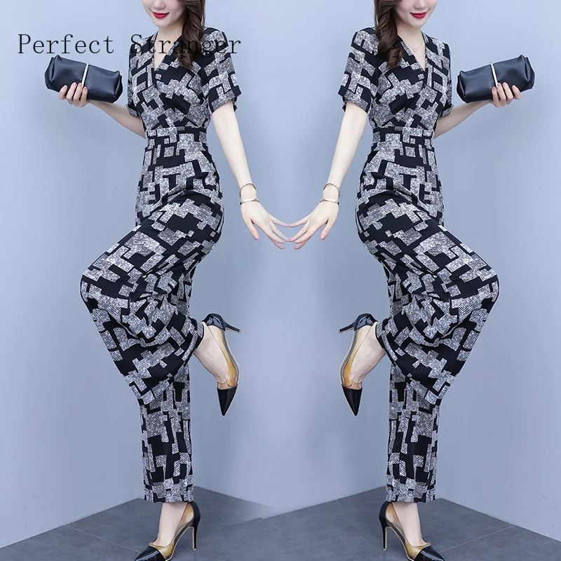 2022 Summer Women Casual Short Sleeve  V-Neck Jumpsuits Ladies Plaid Bodysuit Loose Long Pencil Side Slit Pants Women Jumpsuit