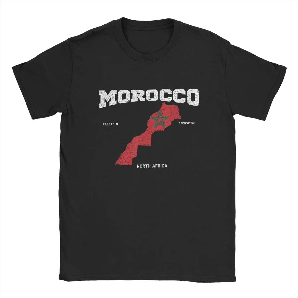 Men T-Shirts Morocco Flag Map Coordinates Vintage Cotton Tees Short Sleeve Moroccan Spirit Totem Emblem T Shirts Crewneck New