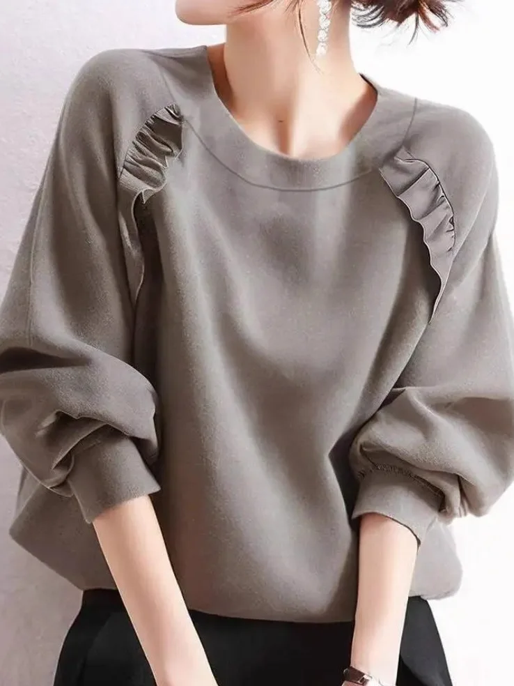 Japonês sle longo sve camiseta cor pura retalhos de madeira casual solto emagrecimento outono faion anti-envelhecimento topo feminino