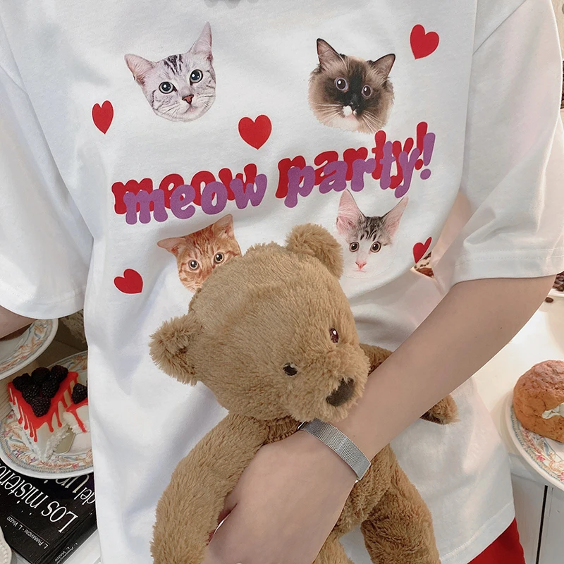 Summer T Shirt Women Female Shirt Cute Cat Graphic Crop Top Base O-neck White Kawaii Tees Ulzzang Funny Girl Tshirt Harajuku Y2k