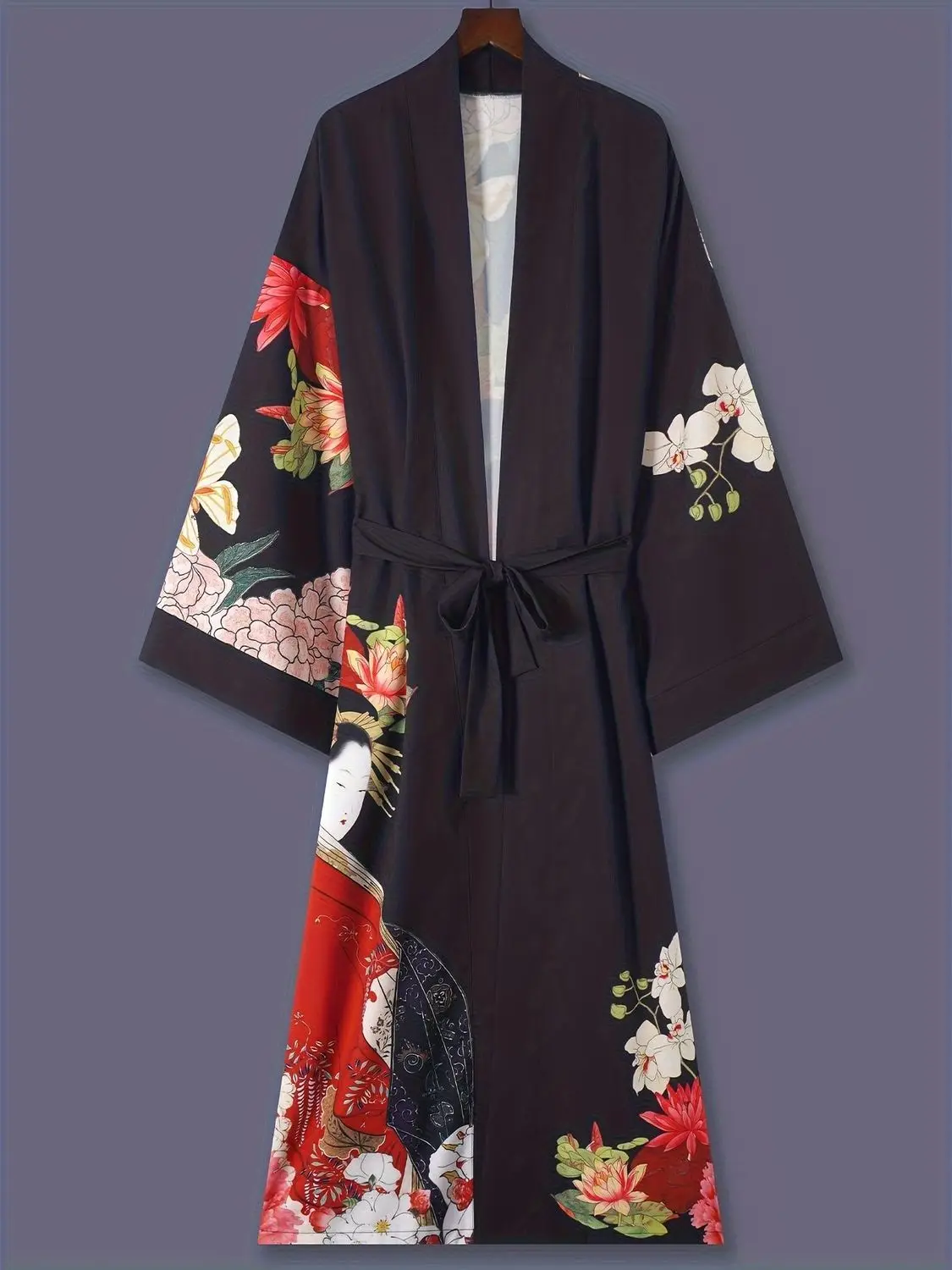 Japanese Print Mid-Length Three-Quarter Sleeve Kimono Cardigan Thin Coat Women's Euro-American Elegant Ethnic Style Street Casua