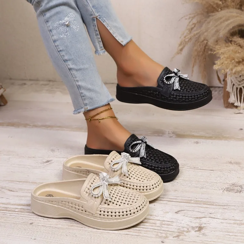 

Женские дизайнерские туфли-балетки с круглым носком и бантом, летние повседневные дышащие лоферы 2026 года, удобные низкие слипоны, прочные сандалии.