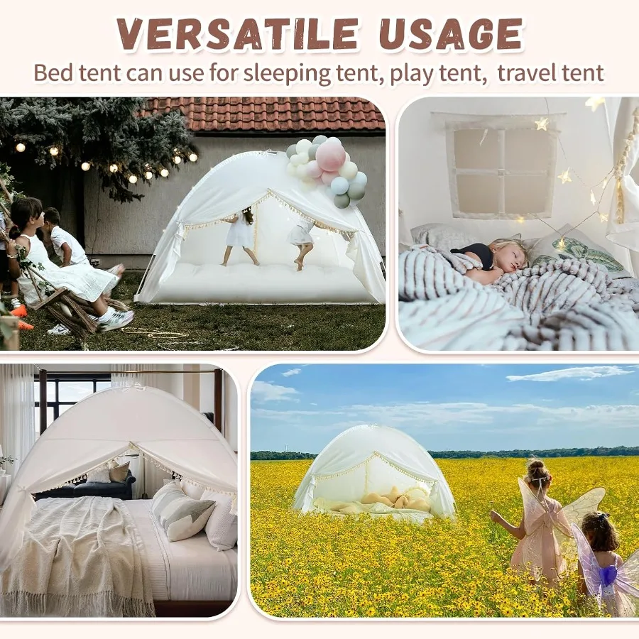 Namiot na łóżko pojedyncze do zabawy w domku księżniczki w pomieszczeniach, na łóżko piętrowe, biały, w stylu bohemy, z frędzlami, baldachim zapewniający prywatność dla dziewczynek i chłopców, rozmiar pojedynczy.
