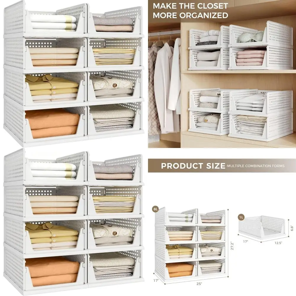 

Stackable Plastic Storage Bins for Closet, Foldable Drawer Units, Versatile Organizers for Wardrobe, Kitchen, and Bathroom in Wh