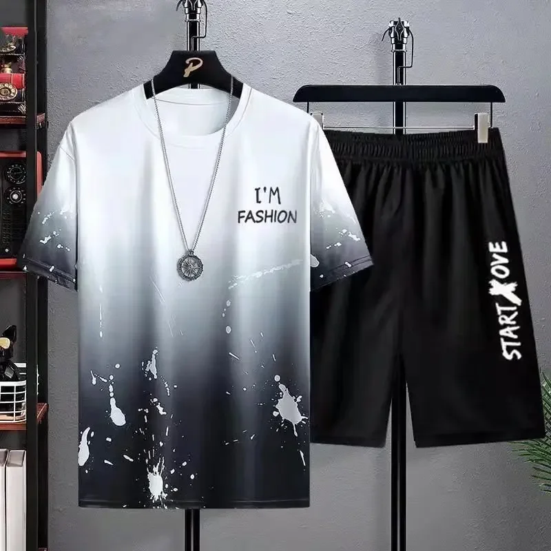 Men's Ice Silk Short Sleeve Suit Casual Style Loose Fit Gradient Color T-shirt Shorts 2-piece Set Fashionable