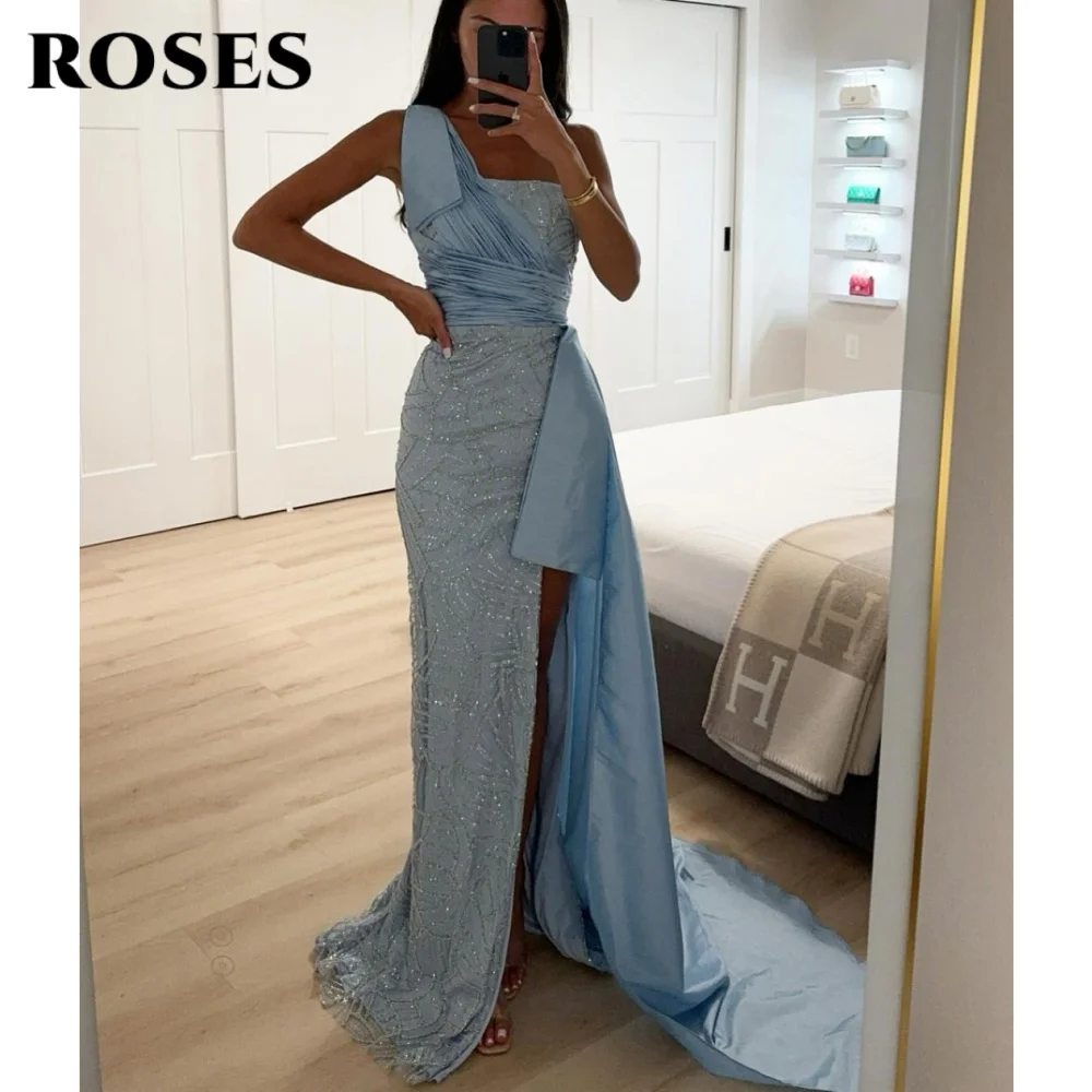 

ROSES Blue Elegant Prom Dress Strapless One Shoulder Prom Gown for Woman Shiny Sequins Formal Gown with Beads 프롬 드레스 Customized