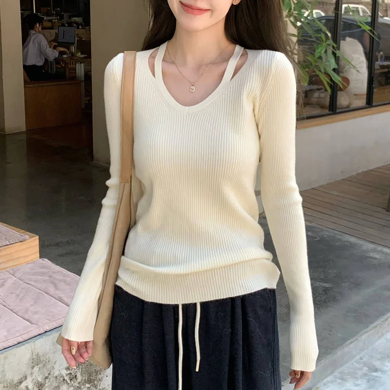 

Knitted Sweater Women Pullovers New Slim White Long Sleeve V-Neck Women Clothing Knit Sweater Pullover Women Tops Sweaters Q2937