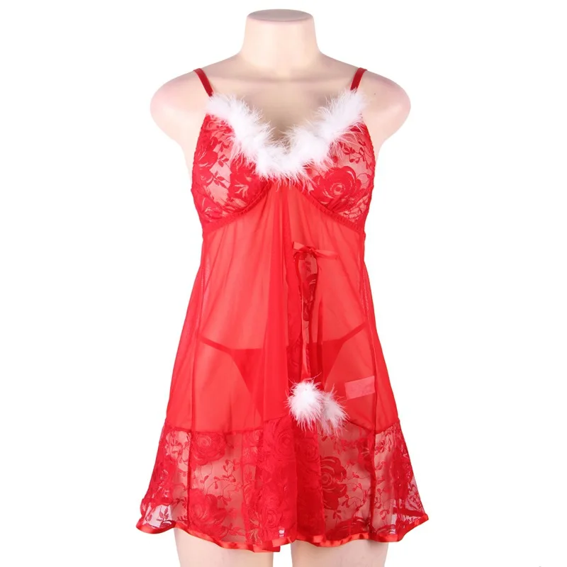 

Женское рождественское нижнее белье больших размеров, красное кружевное платье Babydoll с пушистой отделкой на тонких бретельках, ночное белье для женщин на Рождество