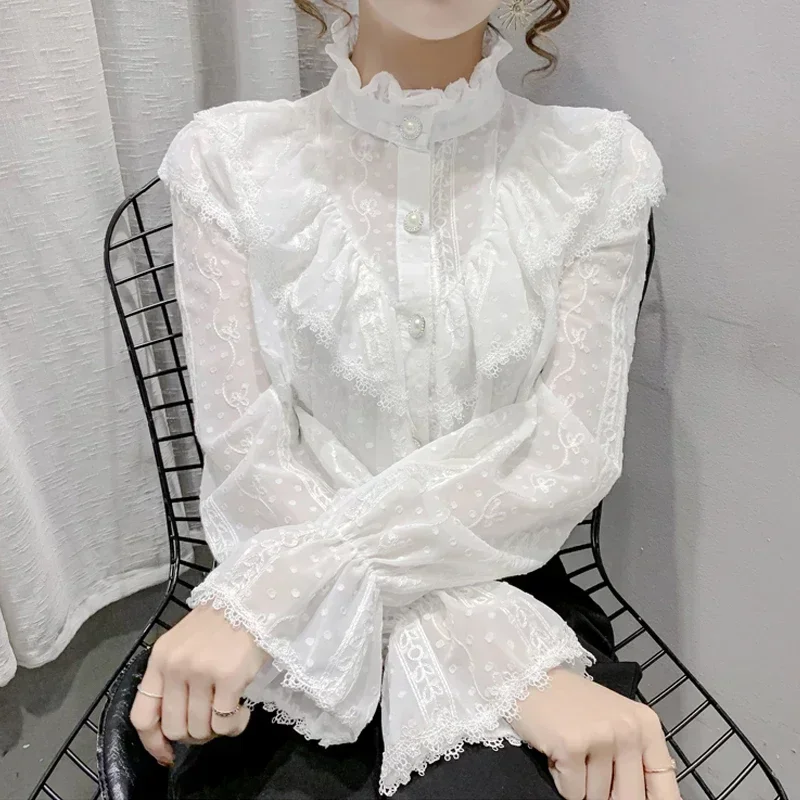 Spring Fashion Long Sleeve Loose Button White Shirt Elegant Stand Collar Pleated Tops Casual Ruffle Lace Blouse Blusas 15832