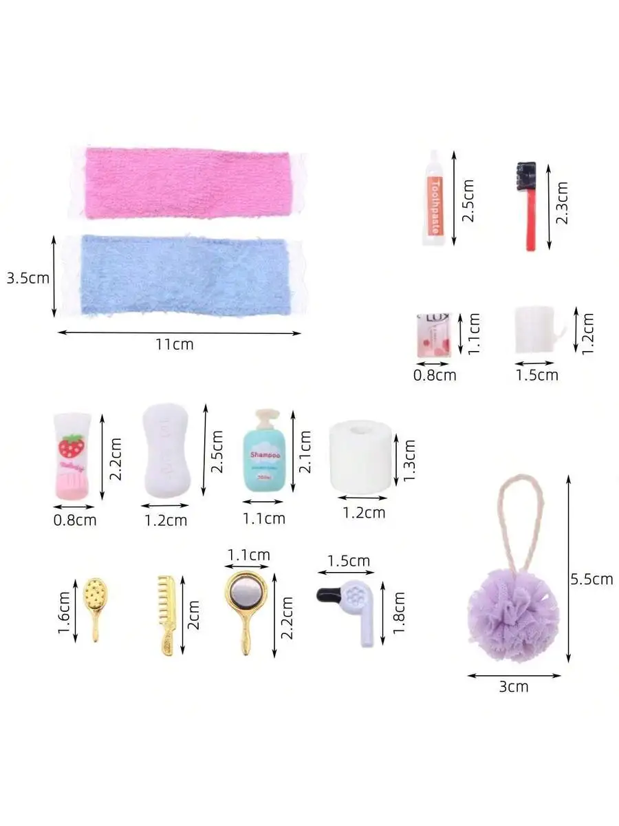 

1:12 Scale Tiny Bathroom Miniatures Set – Towels, Shampoo, Soap, Toothbrush, Cup, Loofah & Accessories For Dollhouse Decor