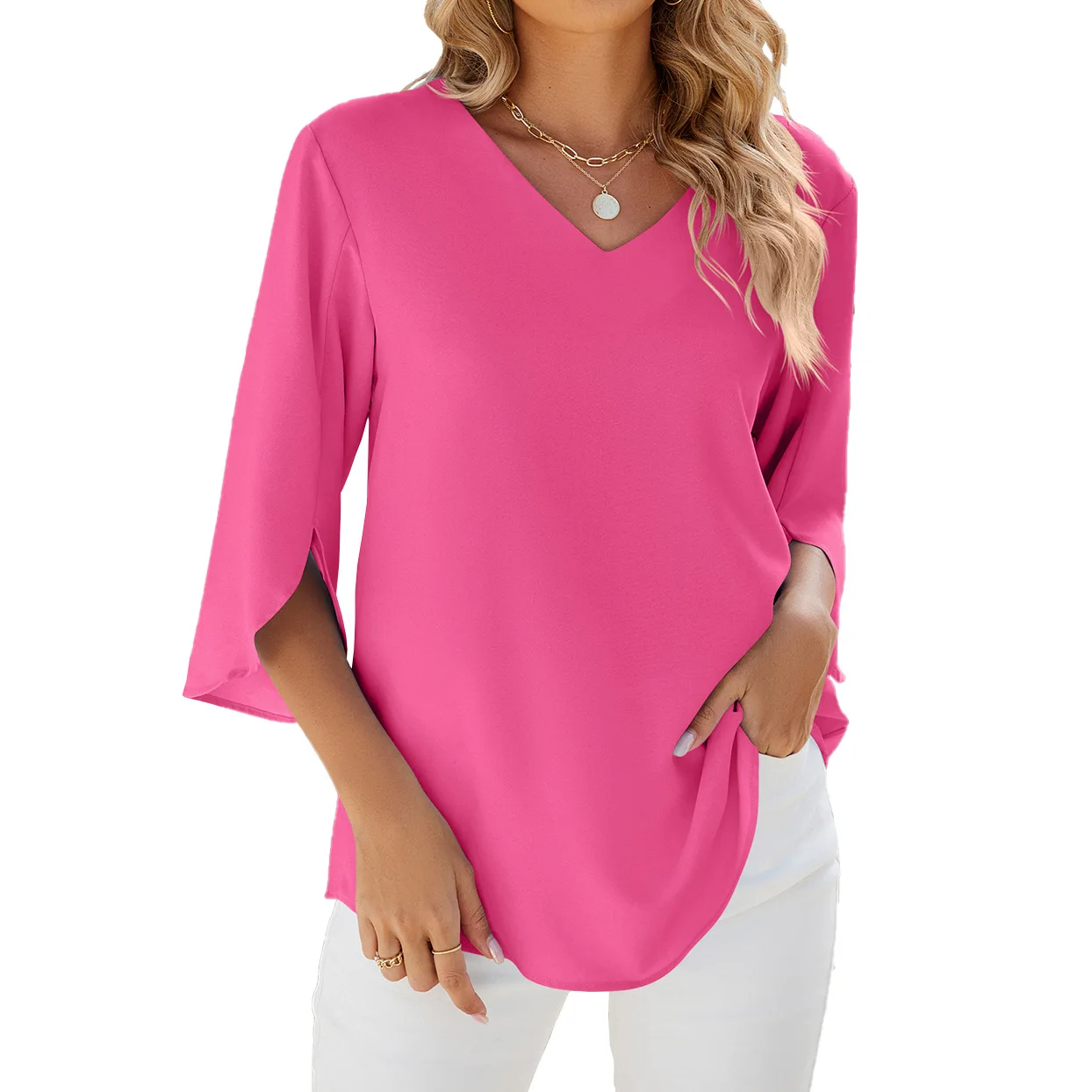 Top holgado de manga media con cuello en V para mujer, Color sólido, primavera y verano