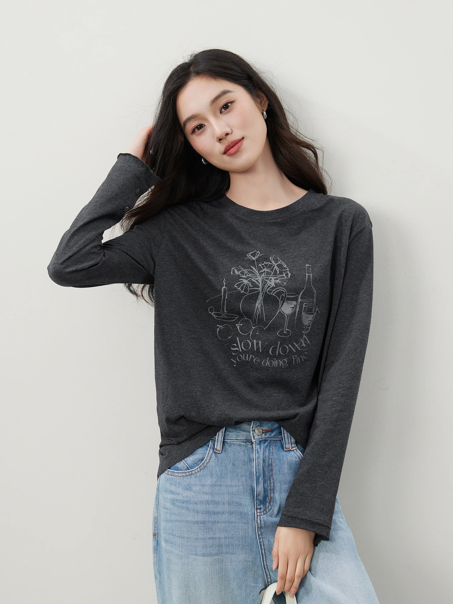 

Женская футболка из 100% хлопка с художественным принтом в стиле Slow Life, свободного кроя, с длинным рукавом и круглым вырезом, для ранней весны, повседневная, модная.