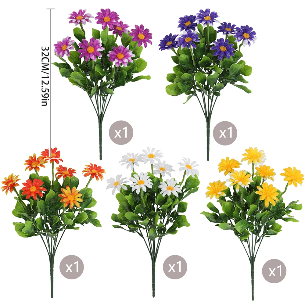 5er-Pack künstliche Gänseblümchen-Blumenarrangements, UV-beständige Sträucher für den Außenbereich, künstliche Blumen für Zuhause, Hochzeit, Party, Gärten, Friedhofsdekoration – Detail 1