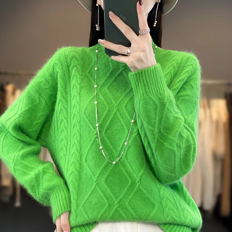 Autumn And Winter New 100% Mink Velvet Female Diamond-Shaped Half-Height Long-Sleeved Loose Pullover Solid Color Knitted DBR056