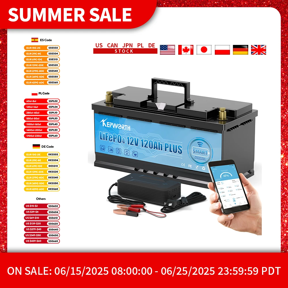 KEPWORTH 12V 120Ah LiFePO4 Bateria de fosfato de ferro e lítio Bateria recarregável de ciclo profundo com BMS integrado, mais de 6000 ciclos de vida