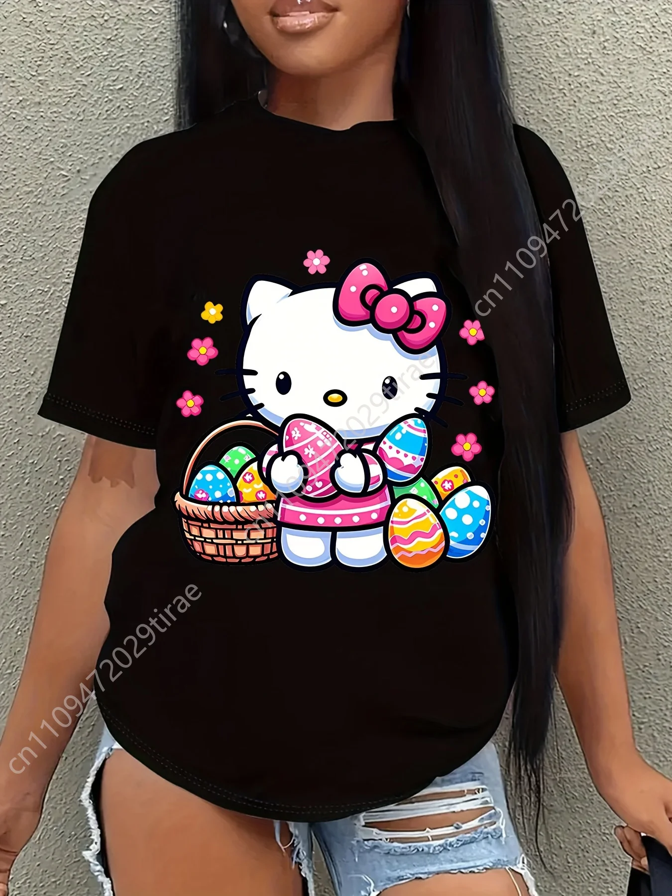 

[Vibrant Print] Hello Kitty Easter Bunny & Egg Pattern T-Shirt - Cute Black Cotton Tee for Teens, Casual Round Neck, Short Sleev