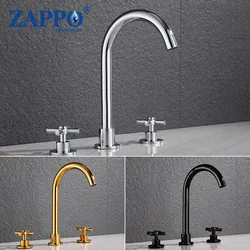 ZAPPO-grifo mezclador de latón macizo para lavabo de baño, grifería dorada de doble manija, 3 agujeros, 3 piezas, montado en cubierta, agua fría y caliente