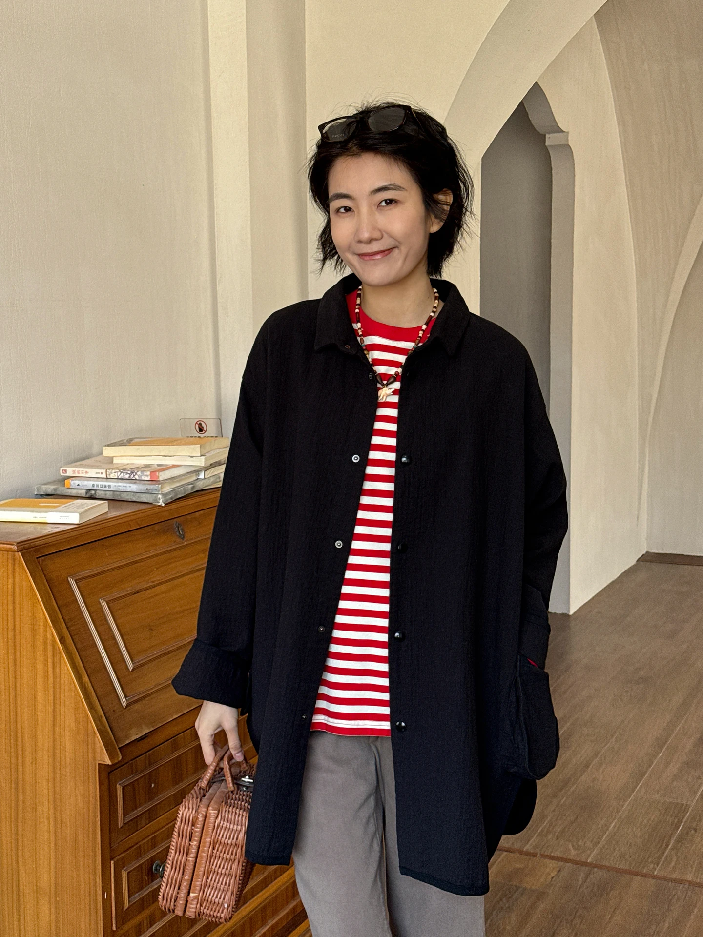 

Langqing Bla Loose Fit Pure Cotton Long Sve irt Women's Spring Design Outerwear Casual Classic Sle Commute Friendly