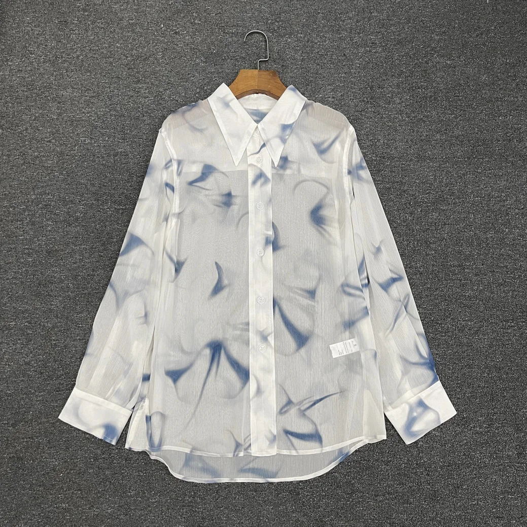 Jenny&Dave French Fashion Ladies Translucent Chiffon Shirt Commuter Casual Tops Elegant Vintage Printing Summer Shirt Women