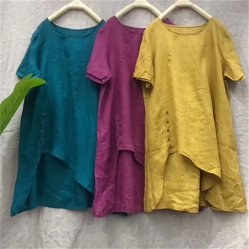 T-Shirt Long irrégulier pour femmes, décontracté, ample, boucle latérale, Y2k, manches courtes, respirant, nouvelle collection été 2025